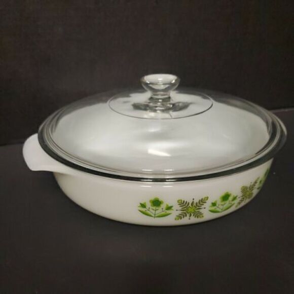 ANCHOR HOCKING MILK WHITE GLASS 1.5 QT Green Floral Pattern CASSEROLE DI… - Picture 2 of 7